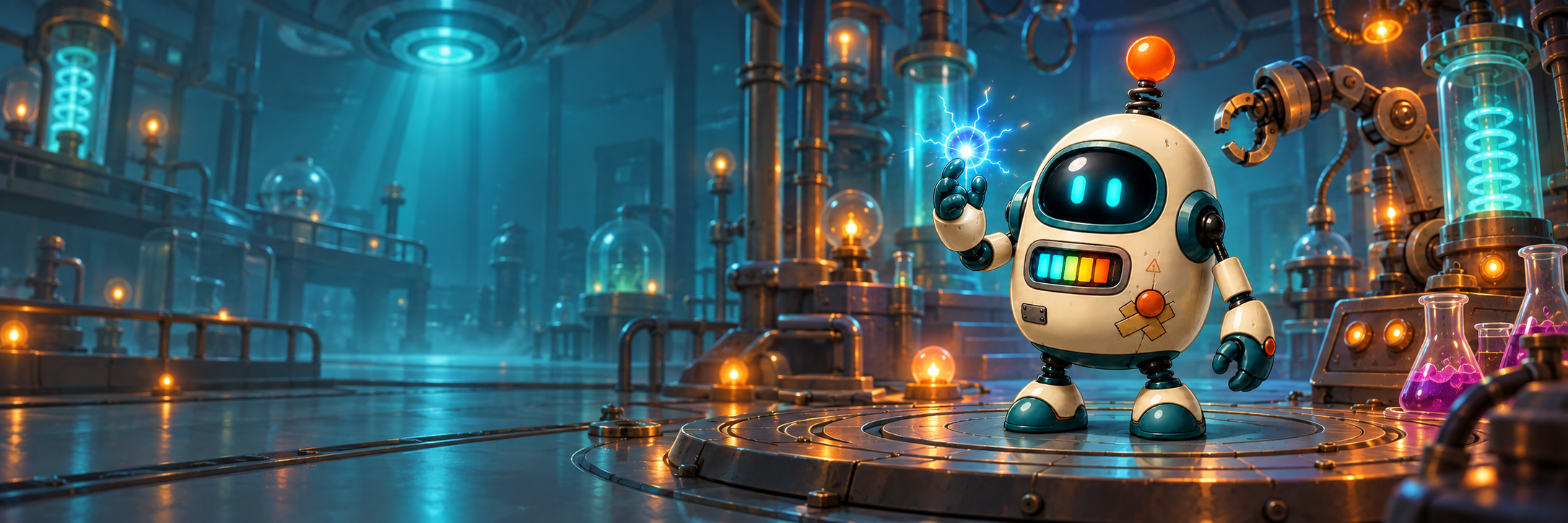 B20 holding a spark in a glowing laboratory