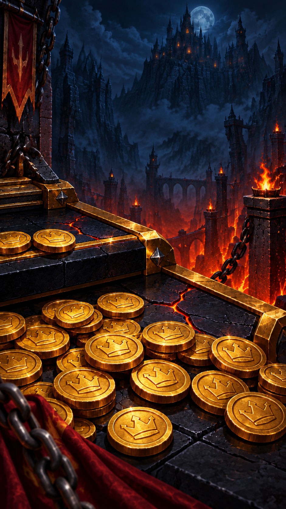 Golden coins on a dark castle coin-pusher platform