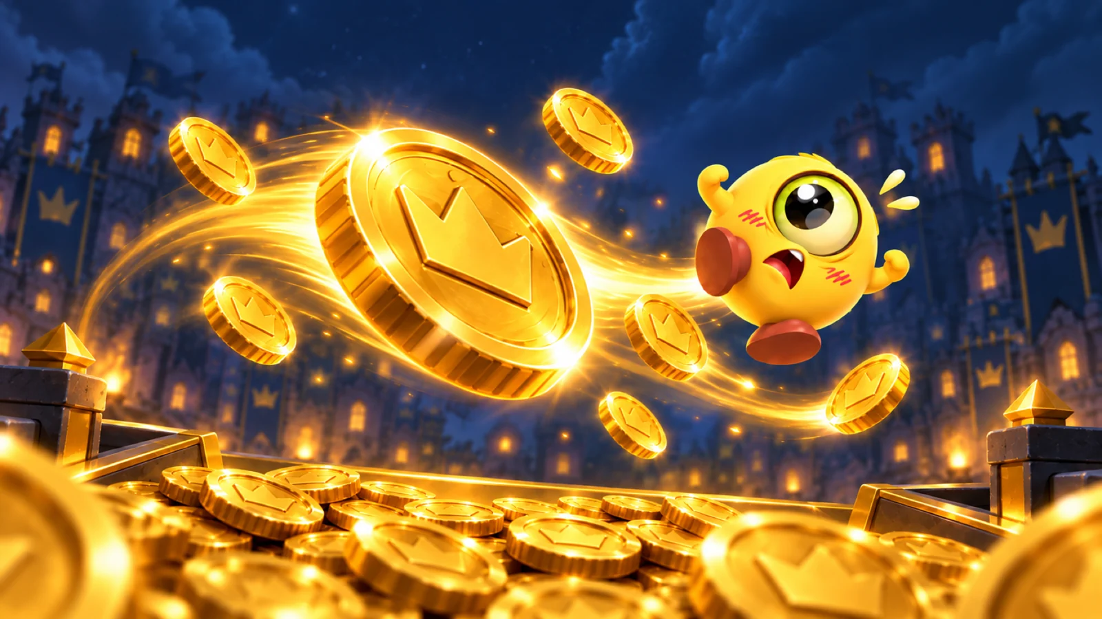 Peeper leaping through golden coins beneath a moonlit castle