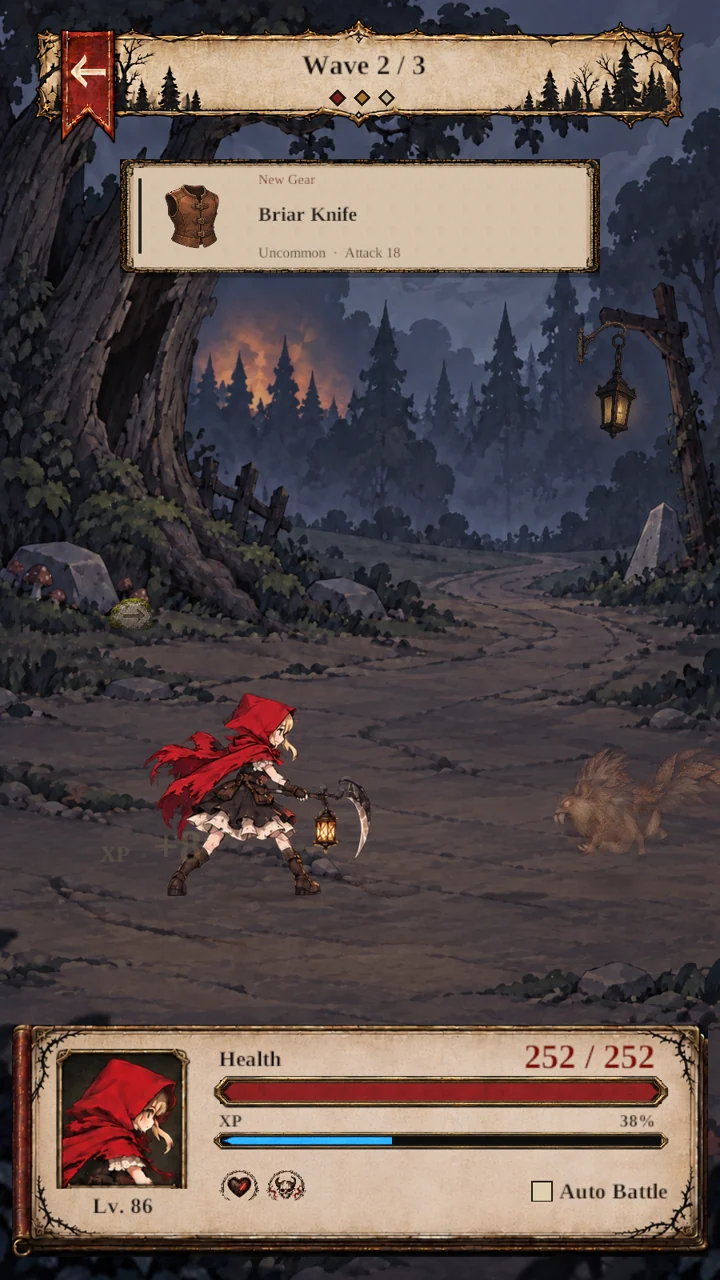The red-cloaked girl faces the creatures of the forest.