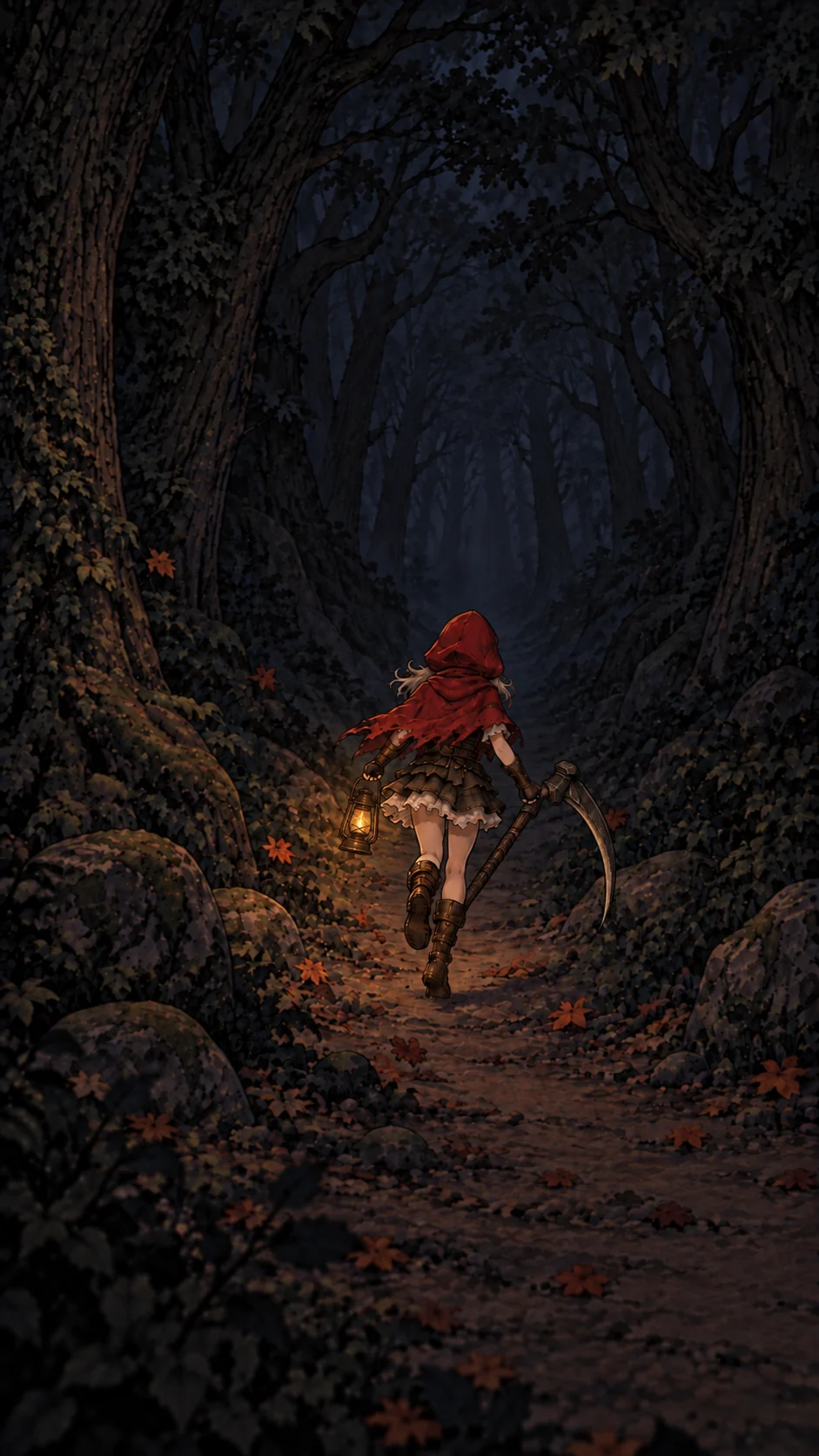 A girl in a red cloak carrying a lantern into a dark forest