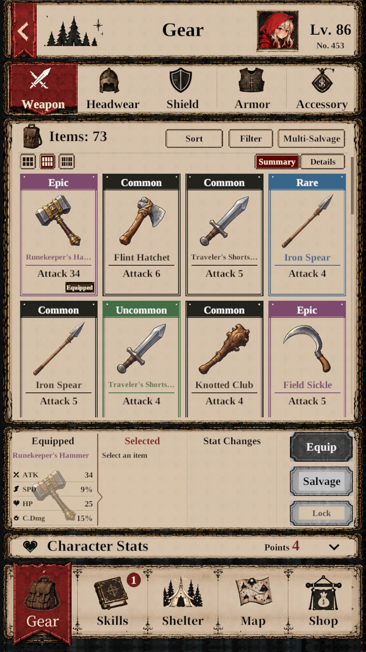 Compare equipment and develop your attributes.